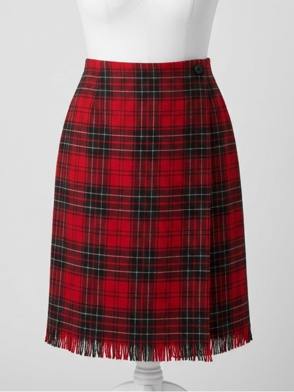 Rafaella Vintage 90s Red Tartan Plaid Worsted Wool Fringe Hem Wrap Skirt Size 16
